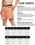 Flow shorts size guide with measurements for waist, inseam, and outseam for the Desert Orange style.