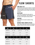 Sizing chart for Flow shorts featuring waist, inseam, and outseam measurements for accurate fit.
