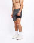 4-way stretch swerve shorts in heather grey, designed for men's movement practices and enhanced flexibility.