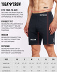 Size guide for Yoga Crow 4-way stretch shorts with measurements for waist, inseam, and outseam.