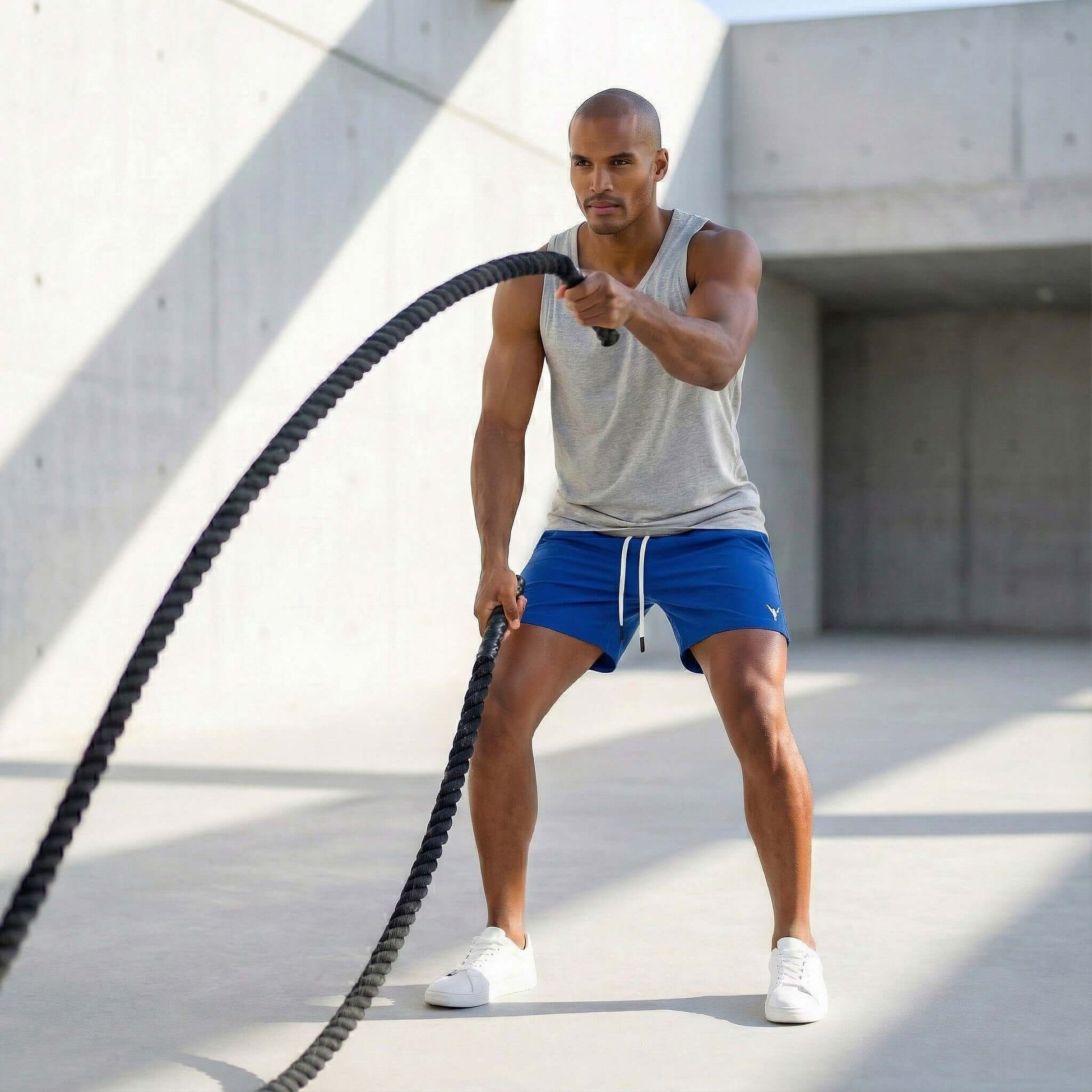 Man exercising in flow shorts, using battle ropes in a modern gym setting with natural light.